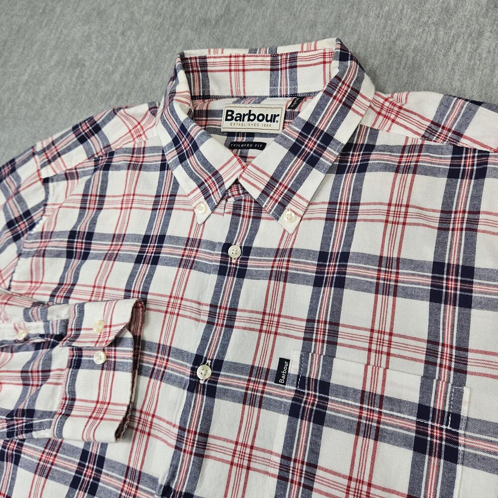 Barbour Shirt Mens L White Plaid Button Up Long Sleeve Tailored Fit Oxford Bram